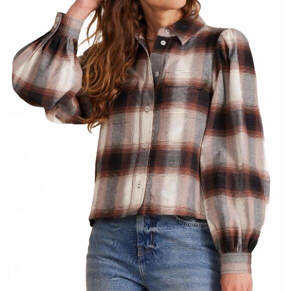 NEW BOBI crop puff sleeve with pocket shirt in brown plaid - Picture 3 of 3
